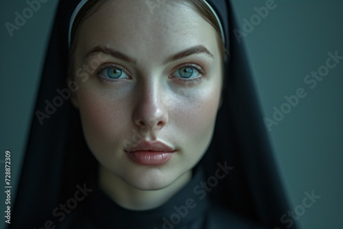 A solemn woman with piercing eyes and a serene expression wearing a nun's habit, her face framed by dark eyebrows and long eyelashes, exudes a quiet strength and devoutness photo