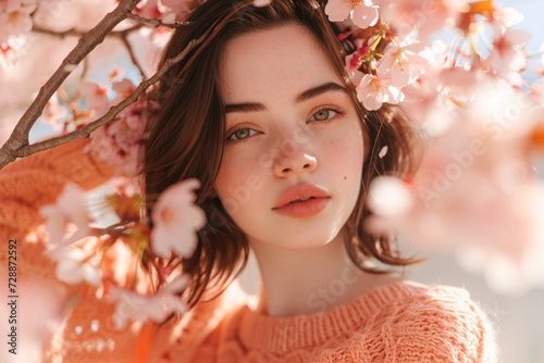 A girl adorned with a crown of blossoms sits beneath a blooming tree, embodying the essence of spring in a stunning outdoor portrait