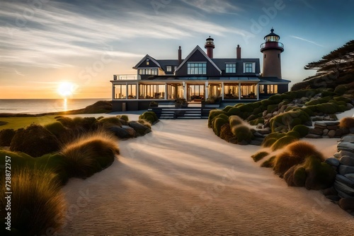 The welcoming entrance of a coastal estate with panoramic views, seagrass rugs, and a statement-making lighthouse sculpture