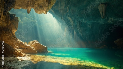 majestic cave with a small lake in the background and a ray of sun entering from above with good lighting in high resolution and high quality