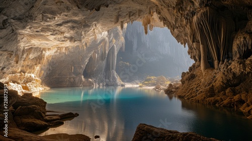 majestic cave with a small lake in the background