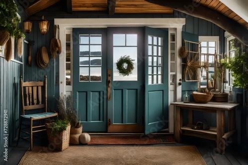 The grand entrance of a coastal cottage with a Dutch door, a rustic bench, and a collection of maritime artifacts