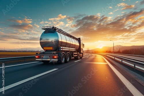A sunset lit countryside road with a moving large fuel tanker truck photo