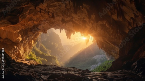 majestic cave with a ray of sun entering from above with good lighting HD