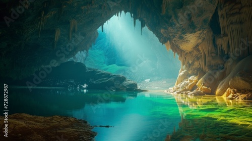 majestic cave with a small lake in the background and a ray of sun entering