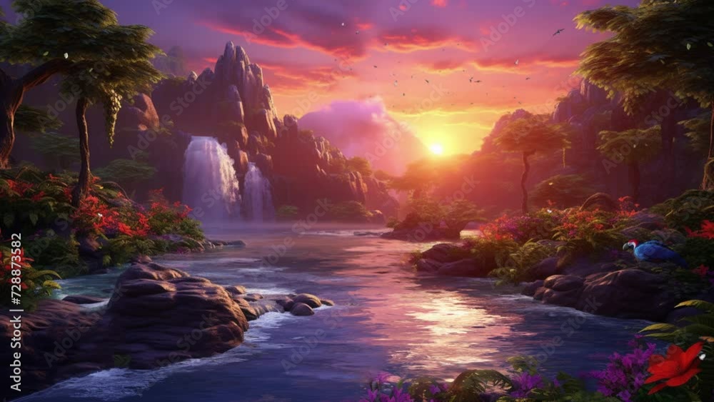 tropical Rainforest background video, with waterfall and river, tree amazing view landscape nature fantasy looping scenery