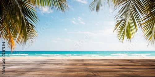 Summer beach background with empty wood table and palm leaves, perfect for product display.