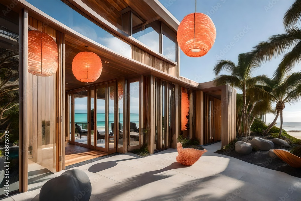 A contemporary beachfront residence entrance featuring a custom coral ...