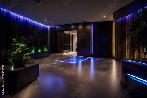 The entrance of a high-tech residence featuring a responsive floor lighting system, smart plant care, and a voice-activated home theater setup © ANAS