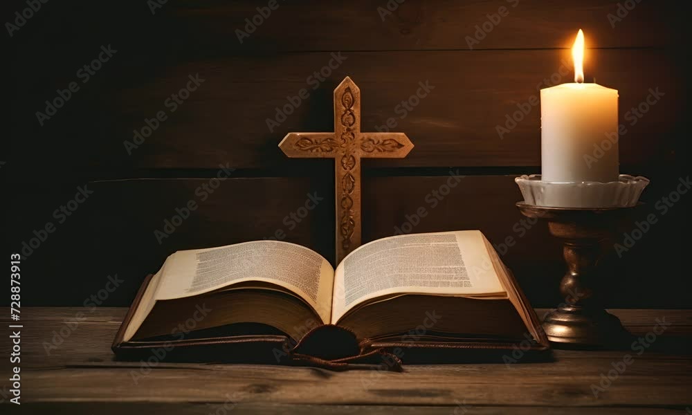 An open bible on a table with a candle burning beside a wooden cross. An open bible on a table with a candle burning beside a wooden cross.