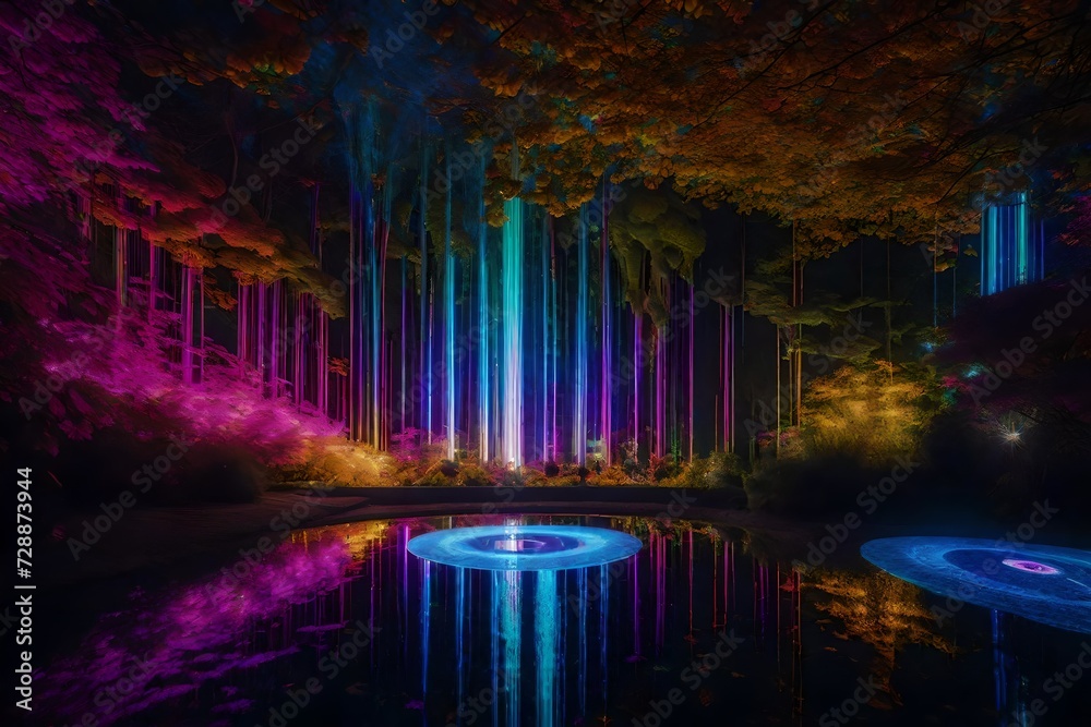 Craft a mesmerizing tapestry of refracted light, as vivid hues converge upon a tranquil cybernetic garden