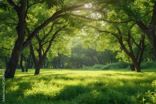 Green landscape of summer natural park, sunny forest, park, with grass warm sun and clouds