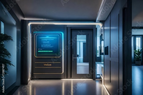 The futuristic entryway of a connected home with a holographic welcome message, -activated lighting, and an AI-powered home hub