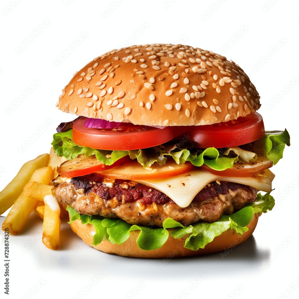 a burgers with french fries and turshu, studio light , isolated on white background a burgers with french fries and turshu, studio light , isolated on white background