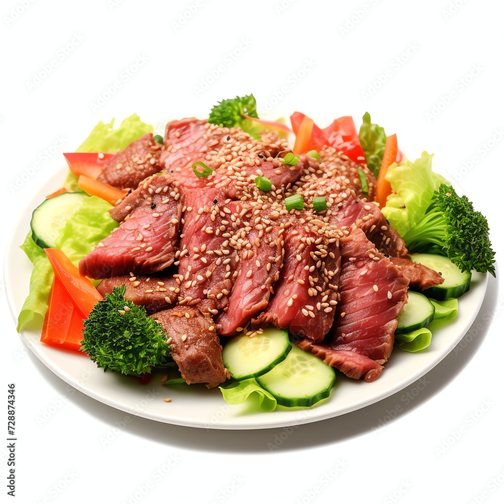 a beef, vegetables and sesame seeds, studio light , isolated on white background a beef, vegetables and sesame seeds, studio light , isolated on white background