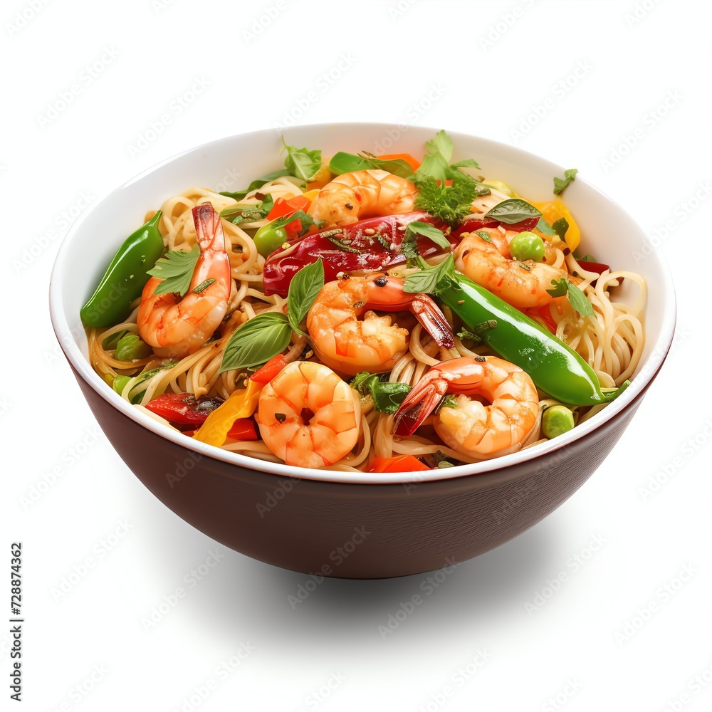 a asian noodles with prawns and vegetables served in bowl, studio light , isolated on white background
