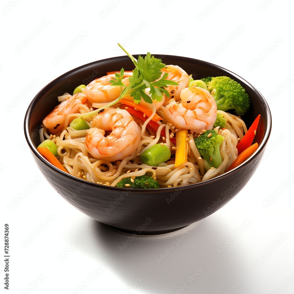 a asian noodles with prawns and vegetables served in bowl, studio light , isolated on white background a asian noodles with prawns and vegetables served in bowl, studio light , isolated on white background