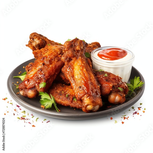 a chicken wings with cajun seasoning served with sauce, studio light , isolated on white background