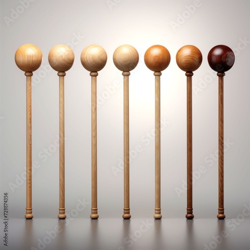 a balls set in row on a wooden stick, studio light , isolated on white background