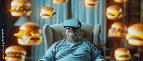A portly man sits in an armchair, wears VR glasses and sees many floating burger in the room photo