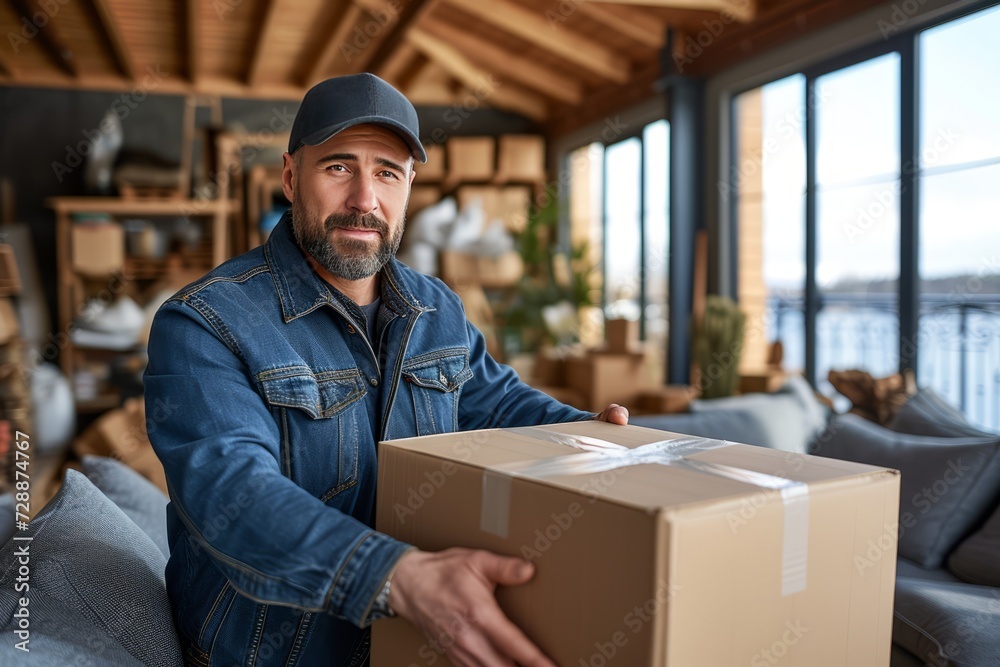 a man in a cap, a courier with a box in his hands.
a man in a cap, a courier with a box in his hands.