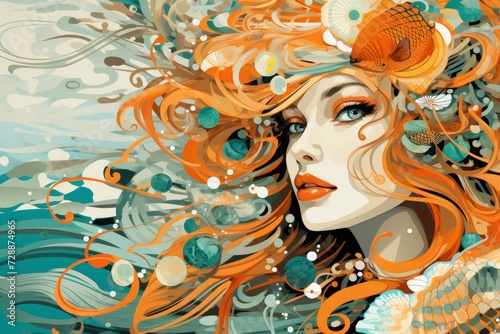 Futuristic retro holographic little mermaid artwork in enchanting futurism style