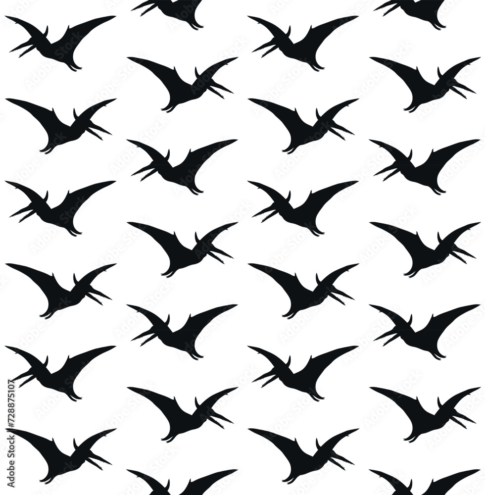 Vector seamless pattern of flat hand drawn pterodactyl dinosaur silhouette isolated on white background Vector seamless pattern of flat hand drawn pterodactyl dinosaur silhouette isolated on white background