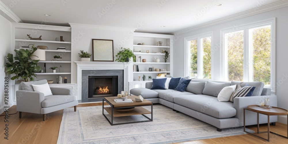 Elmhurst living room with grey sectional couch, hardwood floor rug, and white fireplace with shelves. Elmhurst living room with grey sectional couch, hardwood floor rug, and white fireplace with shelves.