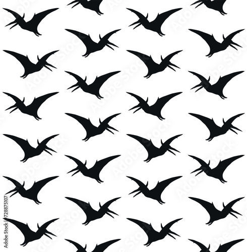 Vector seamless pattern of flat hand drawn pterodactyl dinosaur silhouette isolated on white background