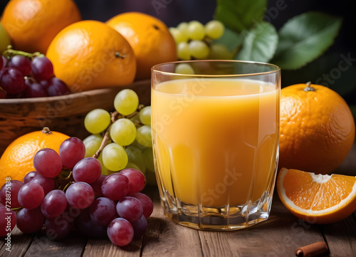 A glass of orange juice surrounded by fruit. Morning mood.