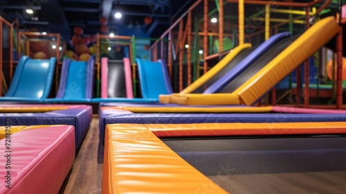 An indoor play center playground featuring a set of trampolines