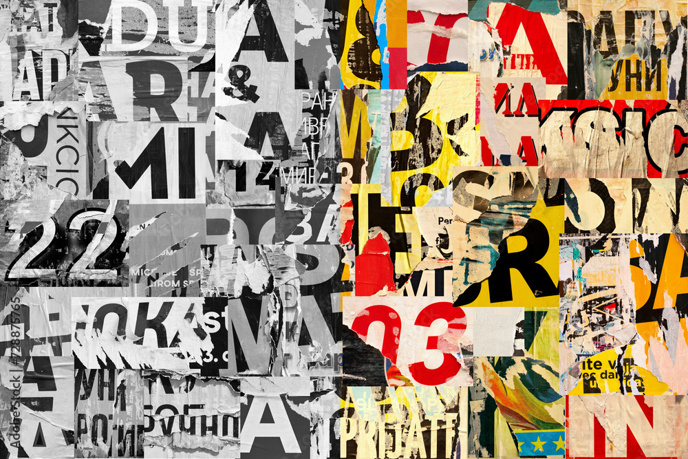 Fototapeta premium Collage of many numbers and letters ripped torn advertisement street posters grunge creased crumpled paper texture background placard backdrop surface selective color
