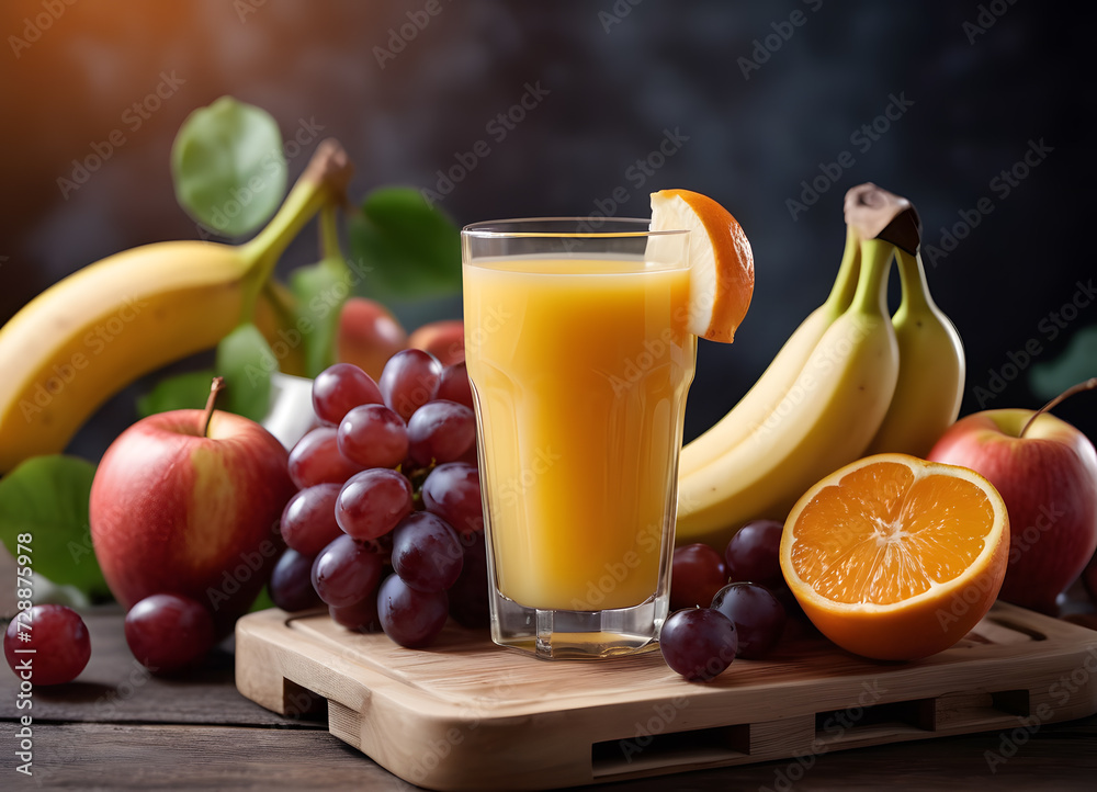 A glass of orange juice surrounded by fruit. Morning mood. A glass of orange juice surrounded by fruit. Morning mood.