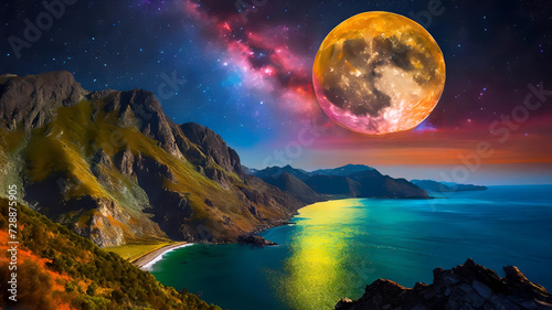 Galactic Dreamscape Full Moon Emerges Above Earth Seaside Oasis