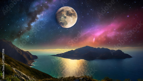 Luminous Horizon Moonlit Seas Meet Earth Coastline in a Celestial Ballet