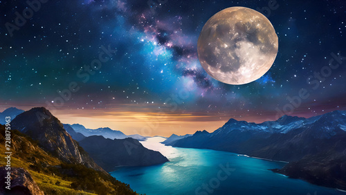Moonlit Odyssey Celestial Harmony as Earth Horizon Meets the Lustrous Moon