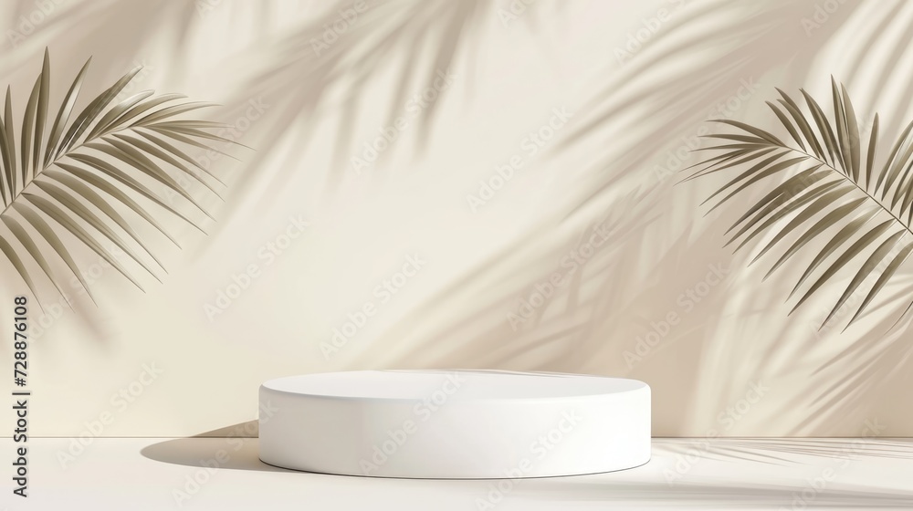 Mock up with round podium stone textured pedestal with natural soft shadow from palm leaves on beige background for product presentation or showcase Mock up with round podium stone textured pedestal with natural soft shadow from palm leaves on beige background for product presentation or showcase