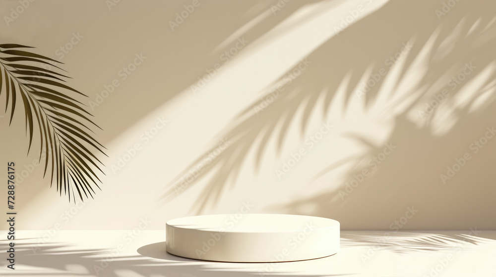 Mock up with round podium stone textured pedestal with natural soft shadow from palm leaves on beige background for product presentation or showcase Mock up with round podium stone textured pedestal with natural soft shadow from palm leaves on beige background for product presentation or showcase