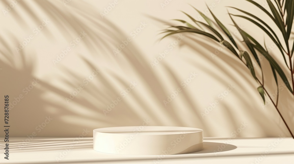 Mock up with round podium stone textured pedestal with natural soft shadow from palm leaves on beige background for product presentation or showcase Mock up with round podium stone textured pedestal with natural soft shadow from palm leaves on beige background for product presentation or showcase