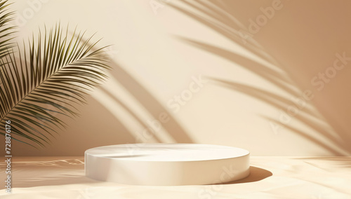 Mock up with round podium stone textured pedestal with natural soft shadow from palm leaves on beige background for product presentation or showcase