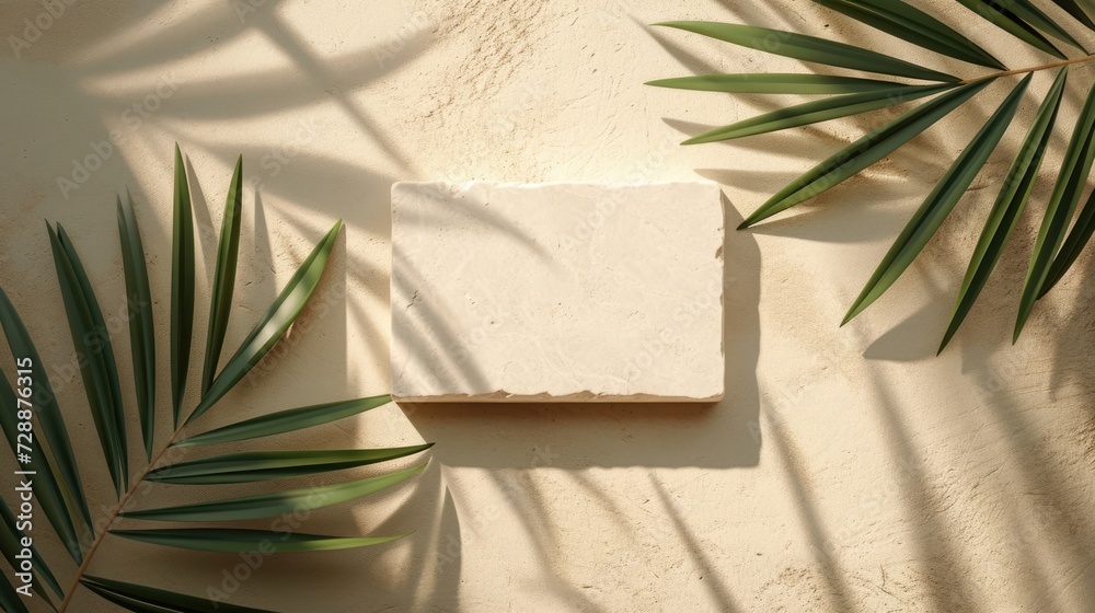 Mock up with rectangle stone frame and natural soft shadow from palm leaves for product presentation or showcase on beige textured background Mock up with rectangle stone frame and natural soft shadow from palm leaves for product presentation or showcase on beige textured background