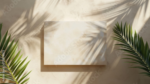 Mock up with rectangle stone frame and natural soft shadow from palm leaves for product presentation or showcase on beige textured background photo
