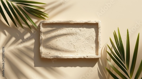 Wallpaper Mural Mock up with rectangle stone frame and natural soft shadow from palm leaves for product presentation or showcase on beige textured background Torontodigital.ca