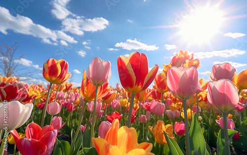 many tulips, spring flowers, multi colored tulips, flower farm, Spring easter flower background, top view, copy space