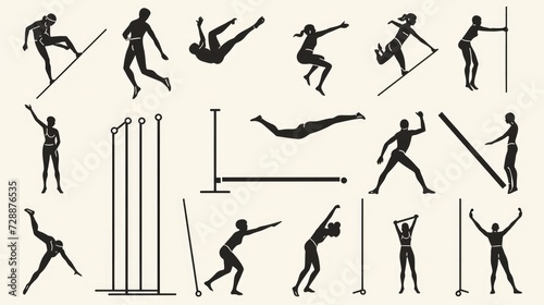 Pixel-perfect vector thin line icons depicting various jumping activities such as high jump, trampoline jumping, and pole vaulting, featuring different jumper humans photo