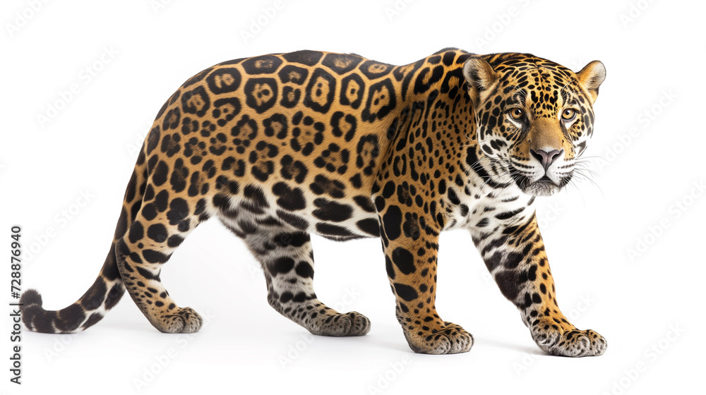 Obraz premium A stunning jaguar with a vibrant coat, captured mid-stride against a white background, showcasing its natural beauty and elegance.