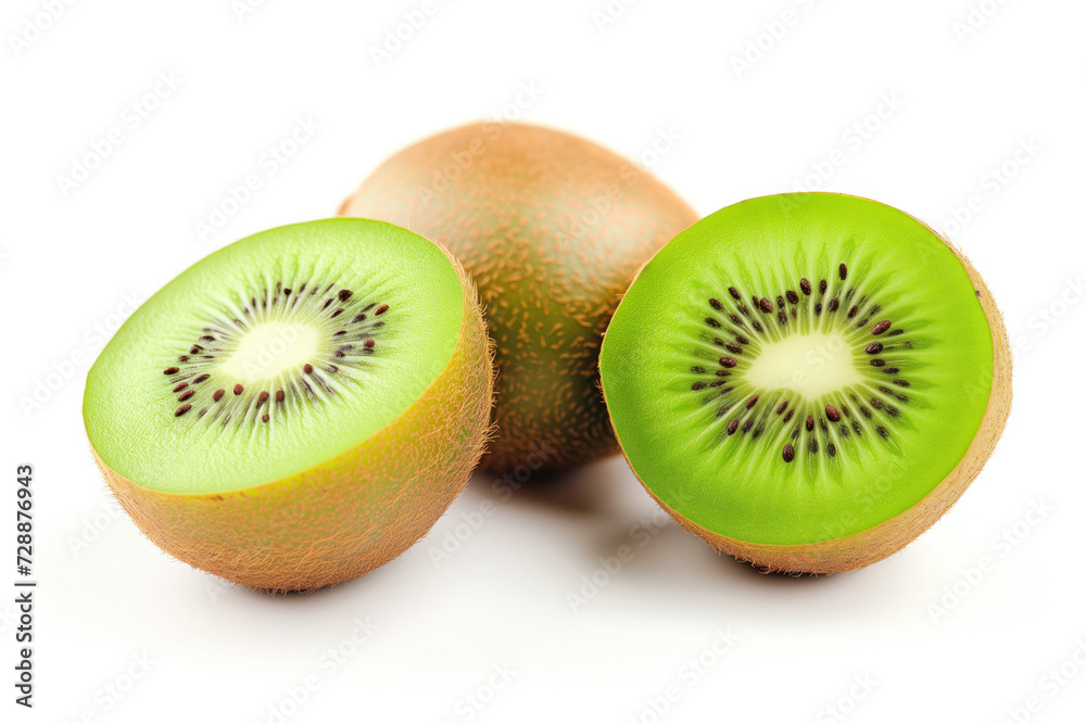 A close-up view of a fresh kiwi fruit, sliced to reveal its bright green interior. The fruit is contrasted against a white background, highlighting its natural, juicy, and sweet characteristics. A close-up view of a fresh kiwi fruit, sliced to reveal its bright green interior. The fruit is contrasted against a white background, highlighting its natural, juicy, and sweet characteristics.