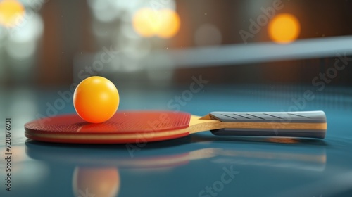 A 3D illustration featuring an image of a table tennis racket or ping pong racket with a table tennis ball © Orxan