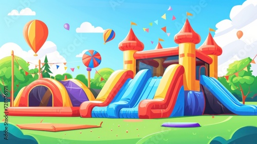A vector illustration depicting inflatable playgrounds, including bouncy slides and inflated castles, perfect for birthday parties, air attraction parks, or rubber toy houses photo