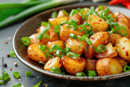 Close-up view of golden, sautéed potatoes garnished with freshly chopped green onions, served in a rustic brown bowl on a dark surface.